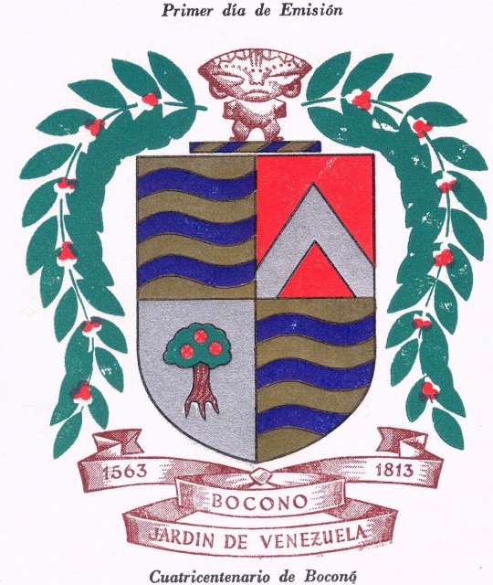 Arms of the City of Boconó in Venezuela, from a cover for a stamp commemorating the anniversary of its establishment in 1563.