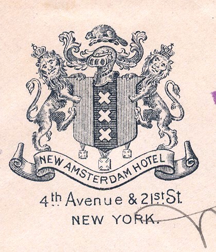 From a 1901 New York City hotel cover, showing an only approximately correct rendition of the arms of New Amsterdam (as the city was called under the Dutch).
