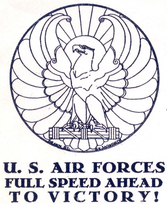 An especially elegant Art Deco wartime design by R. V. Sadworth, on an American wartime patriotic cover from 1944. It is not usual for cachets to be signed, as this one is (just below the eagle's tail).