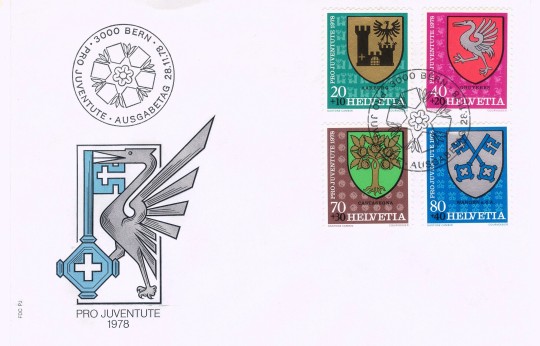 Often the heraldic importance of a piece lies in the artistic interplay among cachet, stamp, postmark and secondary marking. Here, in a first-day cover for a 1978 Swiss semi-postal issue (meaning that an extra charge above the postage value is collected for charity), note that the cachet combines the principal charges on the arms of two of the stamps.