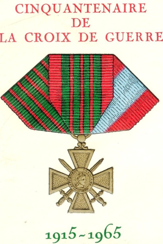 From a French cover issued for the anniversary of the Croix de Guerre (War Cross), an important military decoration. The three ribbons represent the three versions of the decoration: that for World War I (left), for World War II (center), and for service in “external theatres of operations,” mostly French colonies.