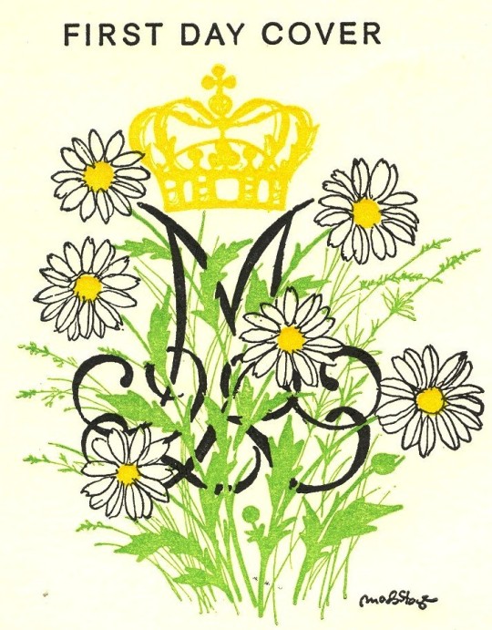 An exuberant privately issued design based on the royal cypher of Queen Margrethe II of Denmark. The daisies are a play on her name (The associated stamps were part of a definitive issue – that is, not commemoratives, but just ordinary stamps with the Queen’s portrait.