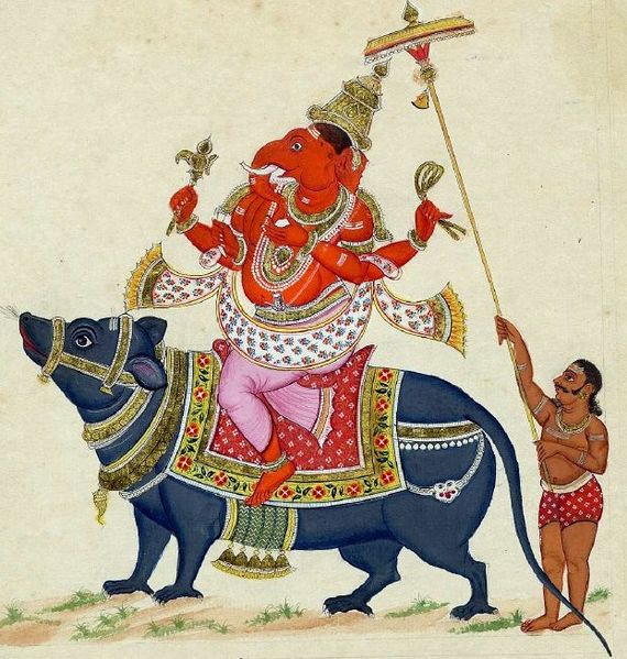 Lord Ganesha riding his rat. A Tanjore-style painting dated 1816.