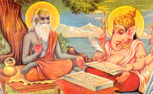 Vyasa dictating the Mahabharata to Lord Ganesha, who acts as his scribe.